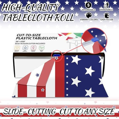 CXPSINC 54 Inch X 100 Feet 4th of July Patriotic Plastic Table Cover Roll Disposable American Flag Tablecloth with Slide Cutter for Veterans Day, Patriotic, Memorial, Fourth of July, Independence