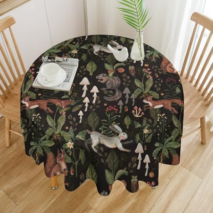 Cartoon Woodland Tablecloth, Watercolor Rustic Forest Wild Animals Bunny Rabbit Squirrel Mushroom Plants Print Table Cloth for Indoor Outdoor Dining Table Party Picnic Decor, 36x36in