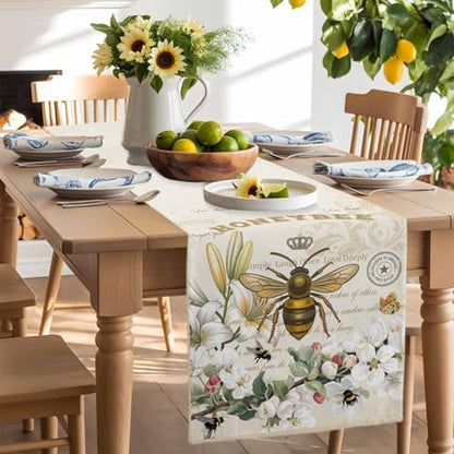 Bee Table Runner Dresser Scarf 13 x 36 Inch Farmhouses Honeybee White Floral Plants Retro Beige Table Runners Non-Slip Heat Resistant Kitchen Dining Table Decor for Home Holidays Indoor Outdoor