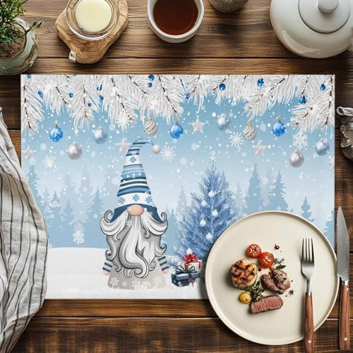 Christmas Gnome Placemat 1PC, Winter Merry Christmas Tree Balls Heat Resistant Washable Table Place Mats Blue Cotton Table Linens Party Holiday Decor for Kitchen Dining Outdoor Indoor