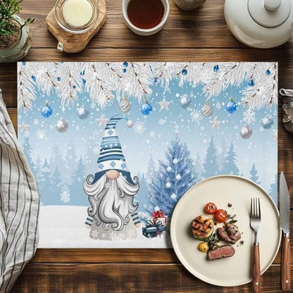 Christmas Gnome Placemats Set of 4, Winter Merry Christmas Tree Balls Heat Resistant Washable Table Place Mats Blue Cotton Table Linens Party Holiday Decor for Kitchen Dining Outdoor Indoor