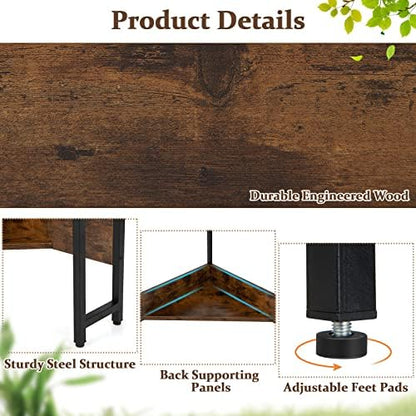 COSTWAY Corner Computer Desk, with USB Ports & Power Outlet, Storage Shelf for Small Space, Triangle Steel Frame Corner Desk for Home Office, Workstation (Rustic Brown)