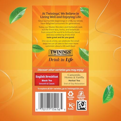 Twinings Ceylon Pure Black Tea Individually Wrapped Bags, 20 Count (Pack of 2), formerly Ceylon Orange Pekoe, Crisp, Refreshing, Caffeinated, Enjoy Hot or Iced, 20 Teabags
