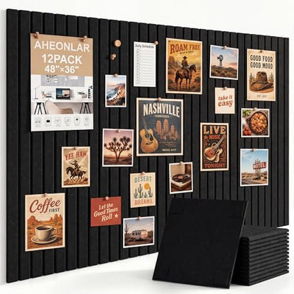 AHEONLAR Felt Bulletin Board 48" x 36", Cork Boards for Walls, 12 Pack Bulletin Board Large Cork Board for Office, Felt Boards with 70 Safe Removable Adhesive Tabs Wall Decor for Home(Black)