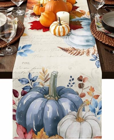 Fall Pumpkin Table Runner Dresser Scarf 13 x 36 Inch Blue Orange Maple Leaf Rustic Table Runners Non-Slip Heat Resistant Kitchen Dining Table Decor for Autumn Thanksgiving Holidays Indoor Outdoor