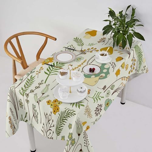 Wild Mushroom Tablecloth, Vintage Botanical Rustic Wildflower Herbs Plants Green Mushroom Table Cloth for Farmhouse Kitchen Dinning Room Picnic Parties Home Decor 55x75in