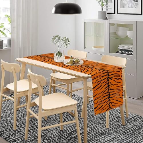 Vintage Tiger Print Table Runner, Rustic Cottage Country Farm Animal Fur Skin Pattern Western Style Black Brown Print Dinner Runner for Home Kitchen Dining Table Decoration 13x90 Inch