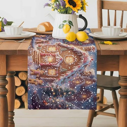 Christmas Table Runner Dresser Scarf 13 x 60 Inch Gingerbread Man House Candy Winter Night Snow Scene Table Runners Non-Slip Heat Resistant Kitchen Dining Table Decor for Home Holidays Indoor Outdoor