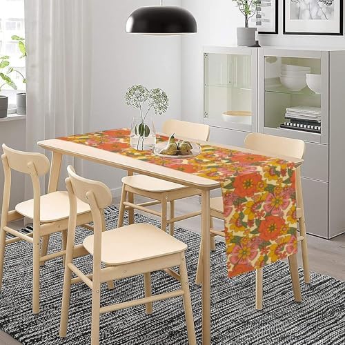 Retro 70s Floral Table Runner Hippie Daisy Flower Peace Love Birthday Party Retro Kitchen Dinning Home Decoration 13x108 Inch