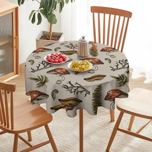 Vintage Woodland Mushroom Tablecloth, Nature Forest Plants Botanical Ferns Print Table Cloth for Farmhouse Kitchen Party Picnic Dinner Decor, 60x60in