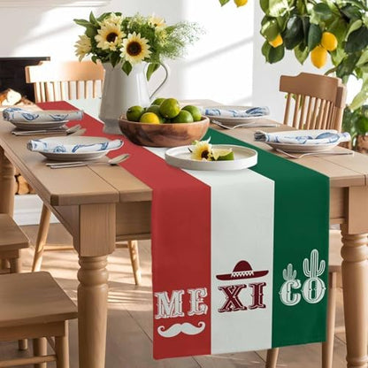 Mexico Flag Table Runner Dresser Scarf 13 x 36 Inch Green Red Color Cactus Hat Striped Modern Table Runners Non-Slip Heat Resistant Kitchen Dining Table Decor for Home Holidays Indoor Outdoor