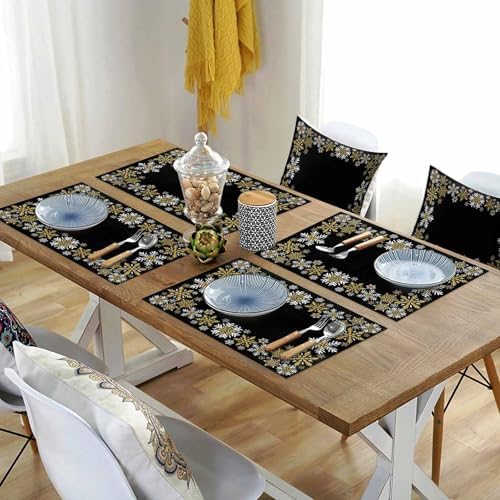 Gold White Snowflakes Chriatmas Placemats Set of 4, Winter Xmas Holiday Heat Resistant Washable Table Place Mats Black Cotton Table Linens Party Holiday Decor for Kitchen Dining Outdoor Indoor