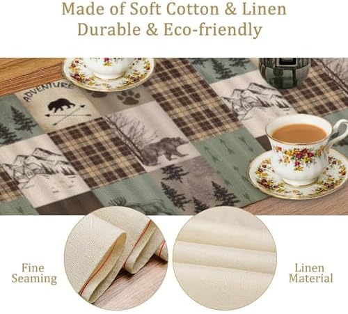 Rustic Moose Deer Bear Table Runner, Retro Vintage Bear Cottage Country Style Cabin Farmhouse Dinner Runner for Home Kitchen Dining Table Decoration 13"x108"