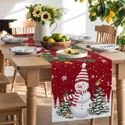 Christmas Cartoon Snowman Table Runner Dresser Scarf 13 x 108 Inch Holly Bird Pine Tree Snow Red Table Runners Non-Slip Heat Resistant Kitchen Dining Table Decor for Winter Holidays Indoor Outdoor