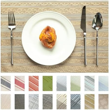 Placemats Set of 8 Vinyl/Plastic Woven Place Mats for Kitchen Table Indoor/Outdoor Washable Placemat Wipeable Dining Table Mats (Aurora Gold,8)