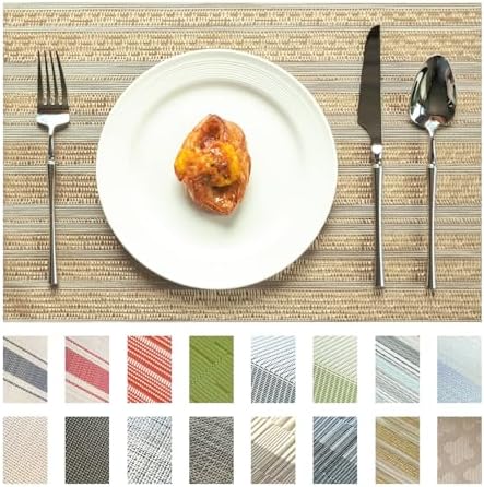 Placemats Set of 6 Vinyl/Plastic Woven Place Mats for Kitchen Table Indoor/Outdoor Washable Placemat Wipeable Dining Table Mats (Aurora Gold,6)