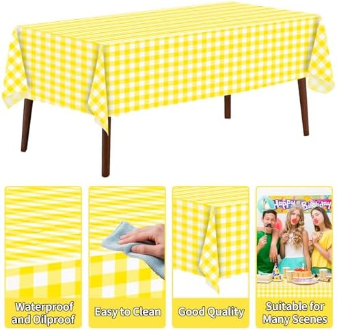 CXPSINC 54 Inch X 300 Feet Plastic Table Cover Roll Disposable Tablecloth with Slide Cutter for All Type/Shape Tables | Party, Banquet, Birthdays, Weddings(Yellow Checkered, 300 Feet)