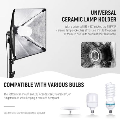 NEEWER 16x16in/40x40cm Softbox with E26 Porcelain Socket/Power Cord/White Diffuser/Stand Adapter, Durable Nylon Softbox Lighting Modifier for Studio Photography Lighting, SF4040 (US Plug)