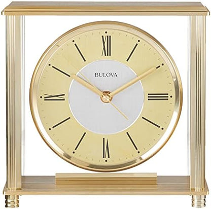Bulova B1700 Grand Prix Table Clock | Brass MetalFinish | Glass Enclosure with Two-Tone Metal Dial | Quiet Sweep | Elegant Desktop Timepiece for Offices & Collectors