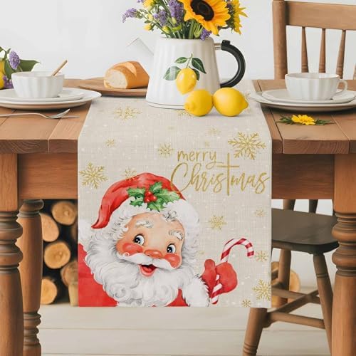 Merry Christmas Table Runner Dresser Scarf 13 x 60 Inch Red Santa Claus Leaf Winter Snowflake Linen Table Runners Non-Slip Heat Resistant Kitchen Dining Table Decor for Home Holidays Indoor Outdoor