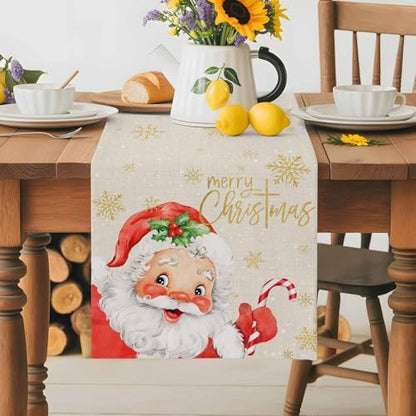 Merry Christmas Table Runner Dresser Scarf 13 x 36 Inch Red Santa Claus Leaf Winter Snowflake Linen Table Runners Non-Slip Heat Resistant Kitchen Dining Table Decor for Home Holidays Indoor Outdoor