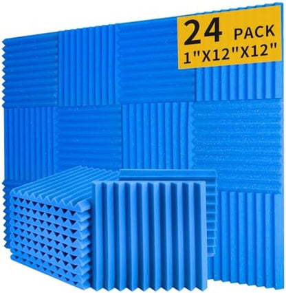 Blue Acoustic Panels 24 Pack 1 x 12x 12 Inches Sound Proof Foam for Wall Soundproof Noise Cancelling Wedge Studio Foam Panels Sound Absorbing High Density