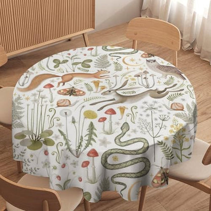 Country Forest Tablecloth, Wild Animal Hare Squirrel Owl Snake Snail Flowers Mushroom Table Cover for Tea Party Weddings Indoor Outdoor Dining, 36x36in