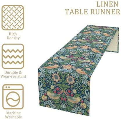William Morris Floral Table Runner, Vintage Green Flowers Botanical Printed Table Runner for Home Kitchen Dining Table Decoration,13x120 Inch