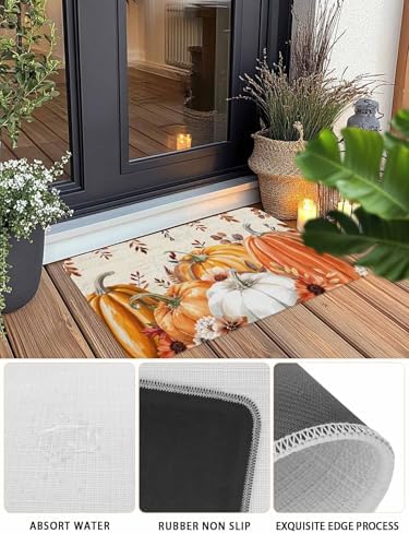Fall Door Mat Harvest Pumpkin Doormat Orange Flower Eucalyptus Leaves Beige Harvest Thanksgiving Welcome Mat Non Slip Entryway Front Rug Floor Mat for Indoor Outdoor Kitchen Autumn Holiday Decor 18x30