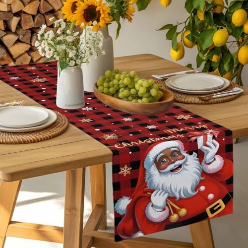 Black Santa Claus Table Runner Dresser Scarf 13 x 72 Inch Merry Christmas Snowflake Red Black Plaid Table Runners Non-Slip Heat Resistant Kitchen Dining Table Decor for Home Holidays Indoor Outdoor