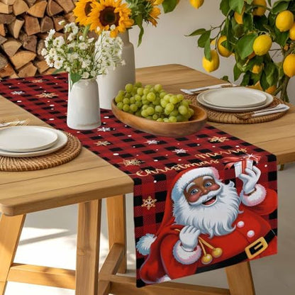 Black Santa Claus Table Runner Dresser Scarf 13 x 72 Inch Merry Christmas Snowflake Red Black Plaid Table Runners Non-Slip Heat Resistant Kitchen Dining Table Decor for Home Holidays Indoor Outdoor