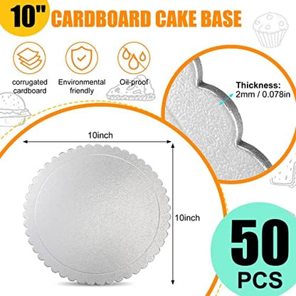 Nuenen 50 Pack Cake Boards Round Silver Scallop Edge Grease Proof, 10 Inch