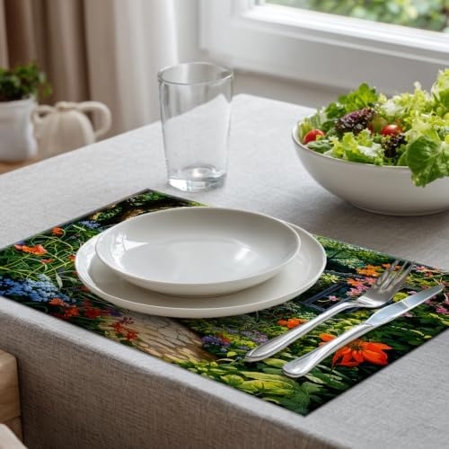 Batmerry Beautiful Garden Lush Plants Linen Placemats Set of 6, Serene Garden Scene Washable Table Mats for Kitchen Table Thickened Heat Insulation Dining Set Indoor Outdoor 12X18 in