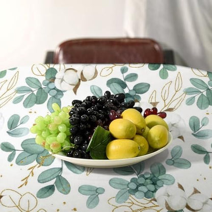 Cotton Flowers Tablecloth, Watercolor Summer Green Golden Eucalyptus Leaves Floral Print Table Cloth for Outdoor Picnic Home Dining Kitchen Table Decor 60x120in