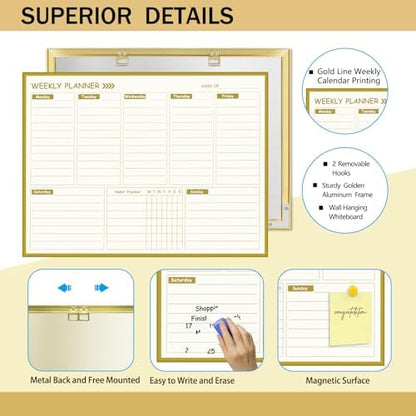 Gold Weekly Dry Erase Board for Wall,12"x16",Gold Metal Frame Weekly Planner Whiteboard for to Do List, Memo, School, Home, Office, Kitchen-GZ