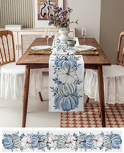 Fall Table Runner White Blue Pumpkin Table Runners Harvest Thanksgiving Blue Eucalyptus Leaves Cotton Linen Dresser Scarf Kitchen Dining Table Decor for Autumn Holiday Party Coffee 13x72 Inch