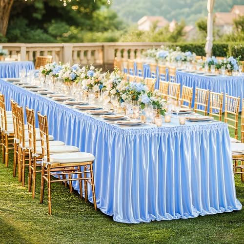 Wish Care 21ft Baby Blue Satin Long Table Skirt for Rectangle Tables Wrinkle Free Teacher Desk Skirt Glitter Ruffle Table Skirting Cloth for Back to School Classroom Office Birthday Party Table Decor