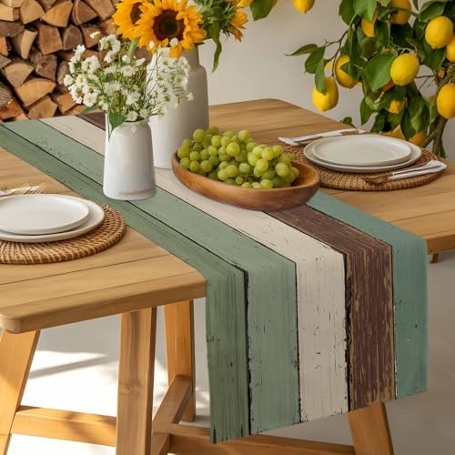 Green Brown Wood Grain Table Runner Dresser Scarf 13 x 120 Inch Vintage Mottled Board Striped Farm Table Runners Non-Slip Heat Resistant Kitchen Dining Table Decor for Home Holidays Indoor Outdoor