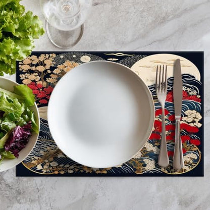 Batmerry Flowers Waves Placemats, Beautiful Nature Scene with Moon Washable Linen Table Mats for Kitchen Table Double Insulation Decor Dining Set Indoor Outdoor 12X18 in Set of 6