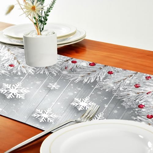 ALAZA Double-Sided Silver Christmas Tree Snowflake Table Runner 18x72 Inches Long,Table Cloth Runner for Wedding Birthday Party Kitchen Dining Home Everyday Decor