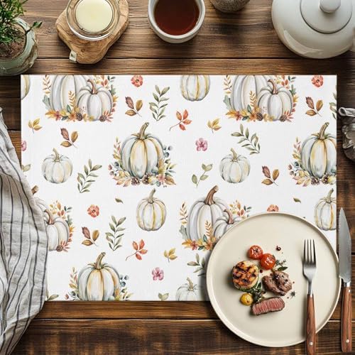 Fall Floral Leaves Placemat, Thanksgiving Pumpkins Heat Resistant Washable Table Place Mats Boho Cotton Table Linens Party Holiday Decorations for Home Kitchen Dining Table Outdoor Indoor,