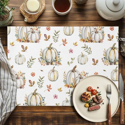 Fall Floral Leaves Placemat, Thanksgiving Pumpkins Heat Resistant Washable Table Place Mats Boho Cotton Table Linens Party Holiday Decorations for Home Kitchen Dining Table Outdoor Indoor,
