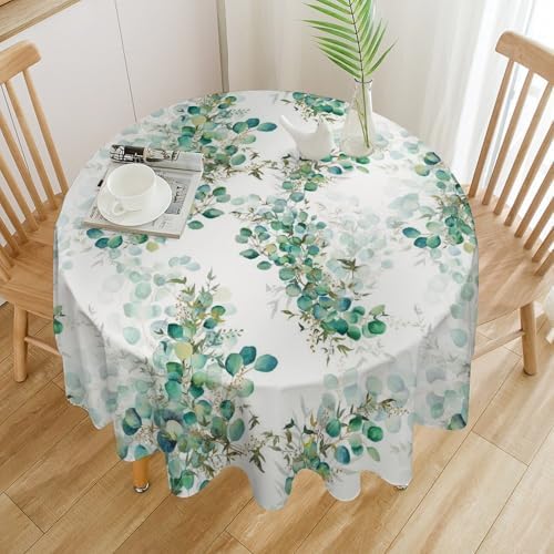 Spring Botanical Tablecloth, Watercolor Sage Green Eucalyptus Leaves Print Table Cloth Cover for Kitchen Dining Indoor Outdoor Decor, 50x50in