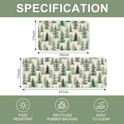 JarThenaAMCS Christmas Kitchen Mat Set of 2 Watercolor Cedar Forest Kitchen Floor Mats Winter Trees Non-Slip Door Rugs for Xmas Holiday Home Entrance Decor