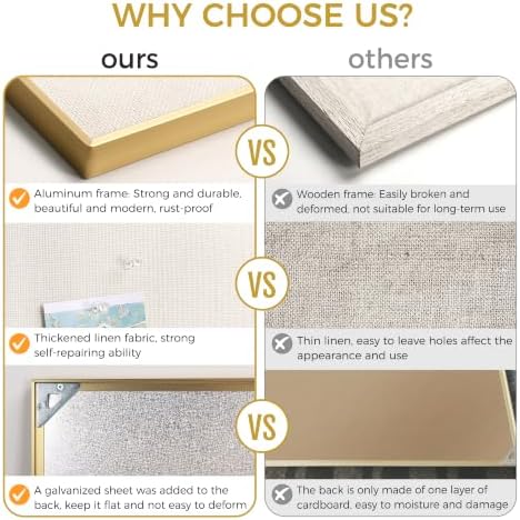 SELEAD Linen Bulletin Board 30” x 20” - Golden Aluminum Frame, Beige Fabric
