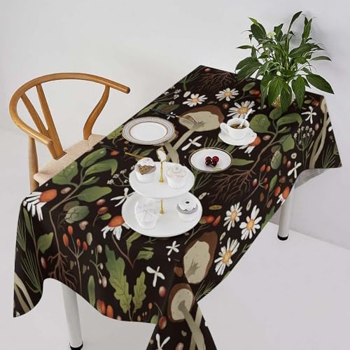 Wild Mushrooms Tablecloth, Rustic Chamomile Flowers Herbs Plants Retro Botanical Mushroom Natural Print Table Cover for Kitchen Dining Room Picnic Camping Indoor Outdoor 55x75in