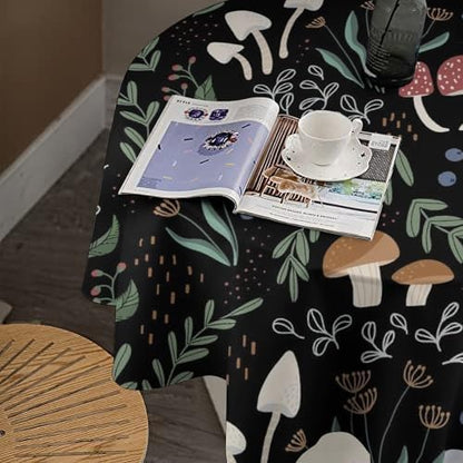 Mushroom Tablecloth, Cartoon Green Leaves Mushroom Wildflower Plant Botanical Herb Nature Garden Print Table Cloth for Home Kitchen Outdoor Party Picnic Wedding Decor, 36x36in