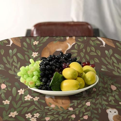 Woodland Animals Tablecloth, Rustic Forest Fox Owl Bird Green Plants Leaves Print Table Cover for Farmhouse Kitchen Dinning Indoor Outdoor Party Decor 60x110in