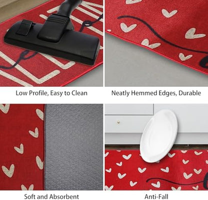 Valentine's Day Heart-Shaped Kitchen Carpet and mat Set, Two-Piece Kitchen Home Decoration, Happy Home Decoration on The Floor - Approximately 16x28 and 16 * 48Inch Dark red