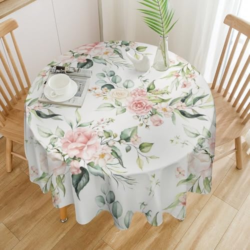 Pink Flowers Tablecloth, Watercolor Sage Green Eucalyptus Leaves Branches Floral Print Table Cloth for Picnic Party Dining Room Home Decor, 36x36in